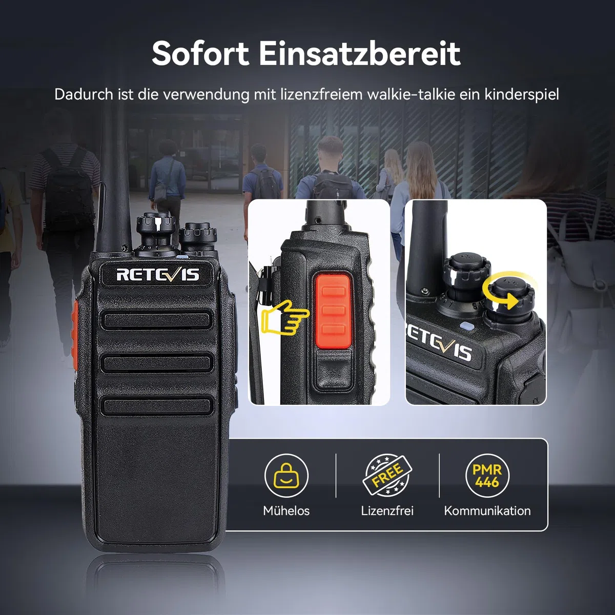 Retevis RT24 Plus Funkgerät Set, Walkie Talkie PMR Lizenzfrei Profi, 16 Kanäle Wiederauflabar USB Ladeschale,Walkie Talkie 10er Set mit Headset für Schule,Transport(10 STK, Schwarz)
