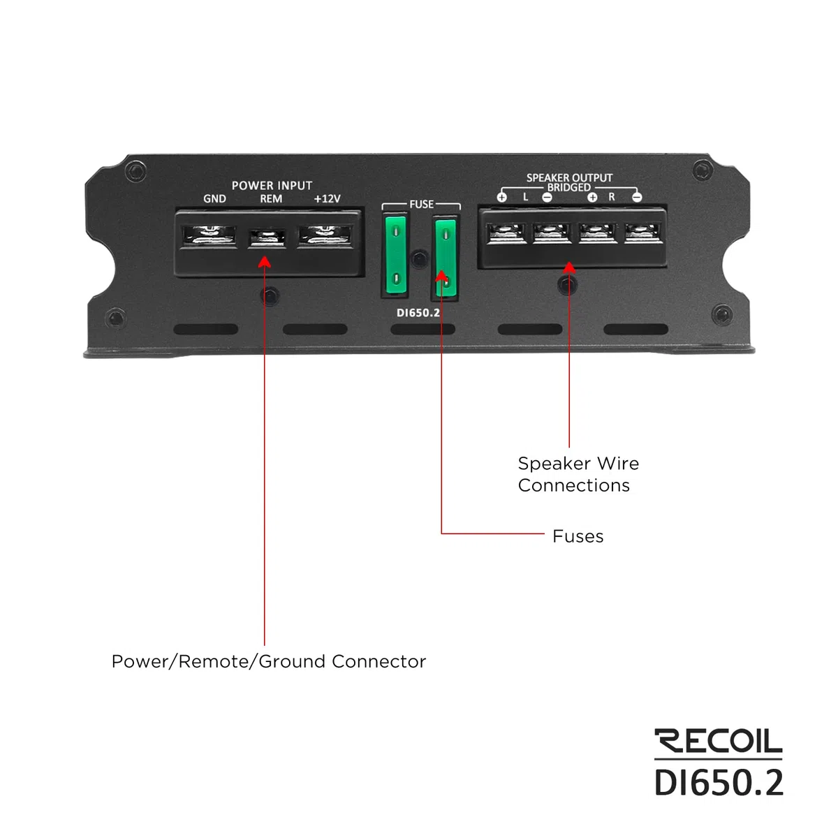 RECOIL DI650.2 2-Kanal Auto Verstärker 1400W Class-D Vollbereichs MOSFET Endstufe, 2-4 Ohm stabil & brückbar