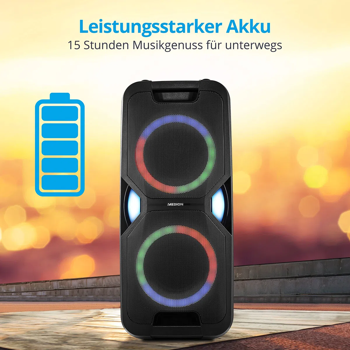 MEDION P67038 Party-Soundsystem (Partylautsprecher, Karaoke, Akku, UKW Radio, Bluetooth 5.0, Kompaktanlage, 2X 220 Watt, Farbige LED, USB, AUX, 2X Mikrofonanschluss)