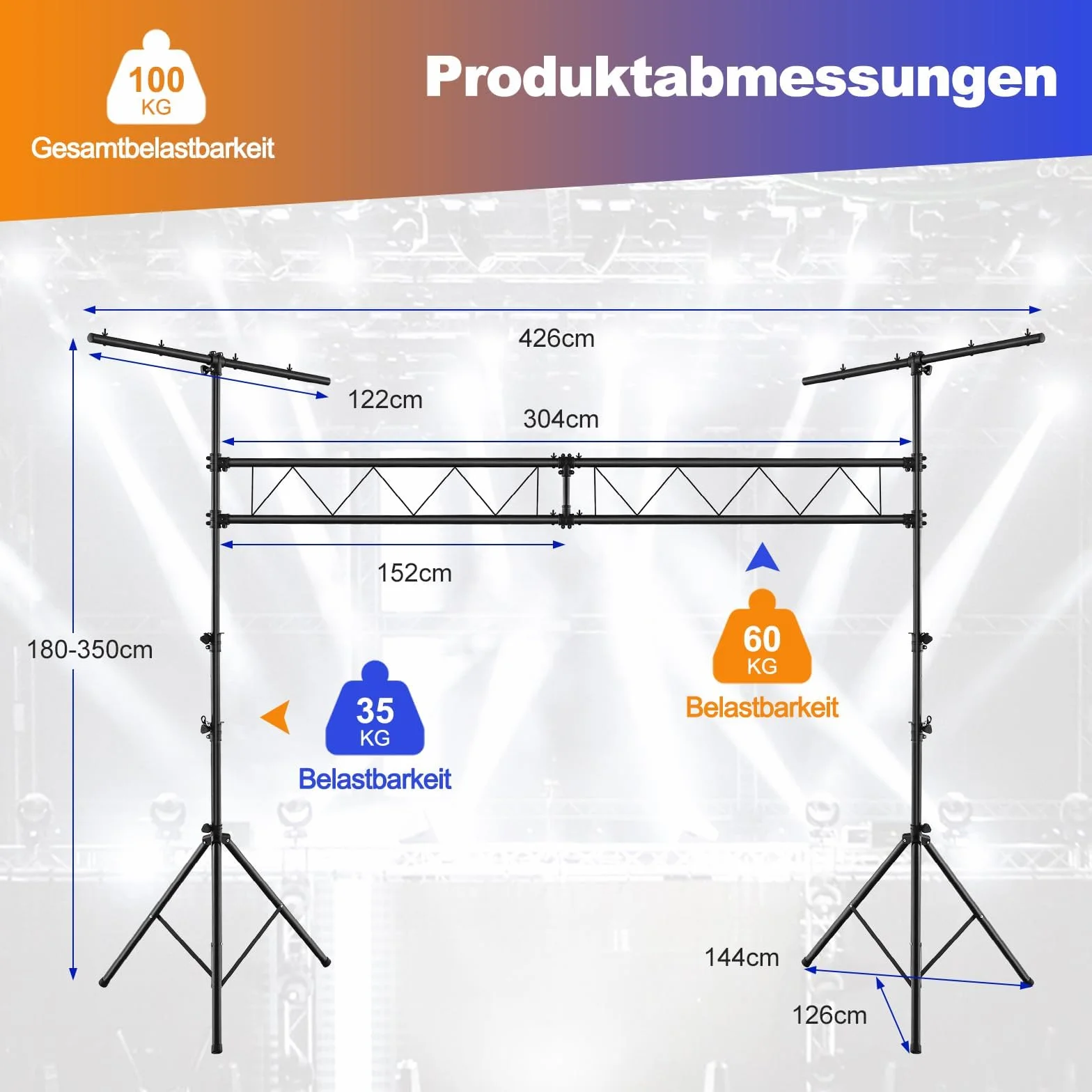 FANTASK DJ-Lichtstativ 180-360cm höhenverstellbar aus Metall, Lampensaktivm, Beleuchtungsativ mit einziehbaren T-Stangen bis 100kg Belastbar für Konzerte, Theater & Partys, 462 x 143.5 x 181cm