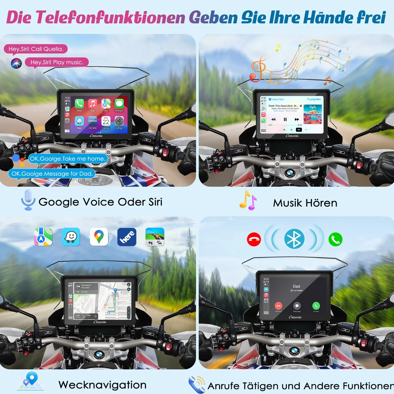 Carpuride W502B Motorrad-Carplay-Bildschirm für BMW R1200GS R1250GS S1000XR Motorrad, 5 Zoll Wasserdichter Touchscreen, Tragbare Carplay/Android Auto,GPS-Navigation, Dual Bluetooth