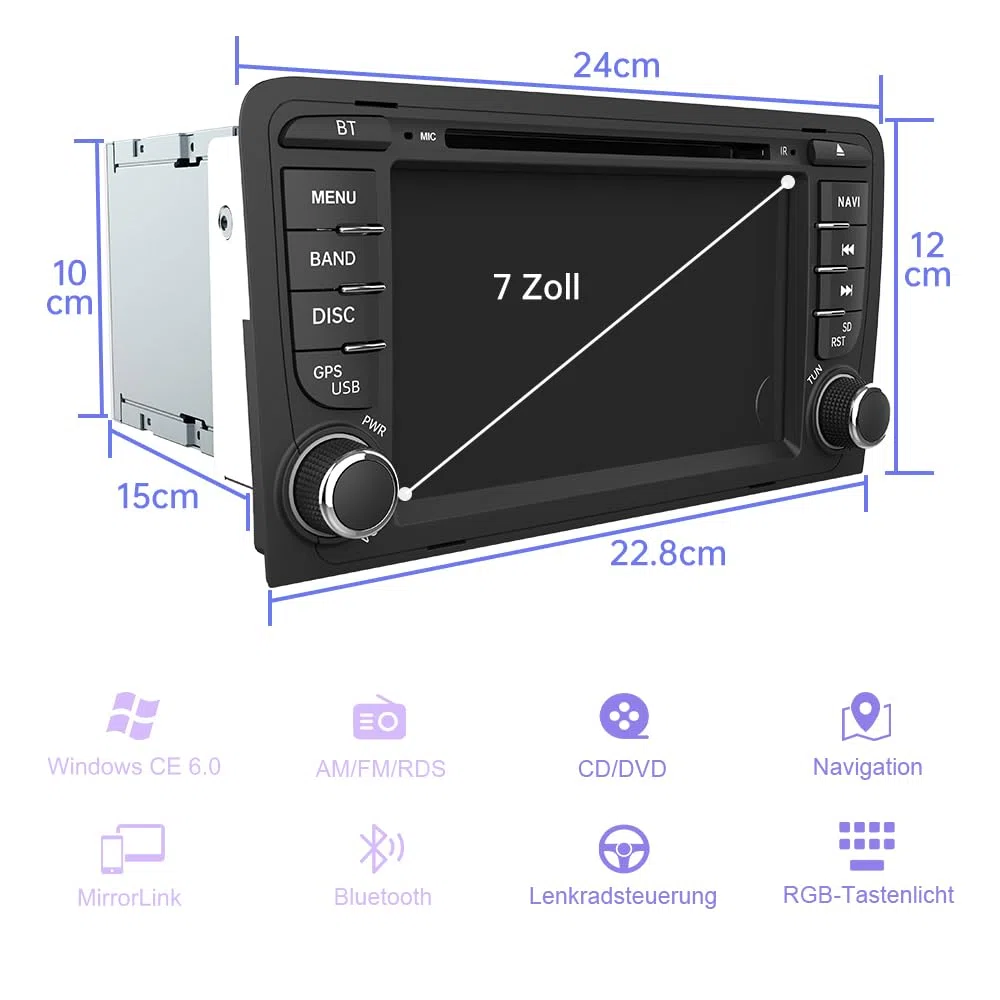 Junsun 2-DIN Autoradio für Audi A3/S3/RS3 2003–2012, 7 Zoll Touchscreen mit CD/DVD-Laufwerk, Lenkradsteuerung, MirrorLink, USB, Bluetooth, FM/AM Radio