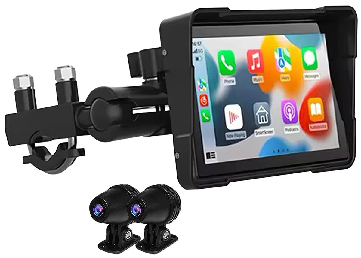 Lescars Motorrad Kamera: Motorrad-Navi-Display, 5", CarPlay- & Android-Auto-komp., 2 Kameras (Carplay Displays, Android Auto Monitor)