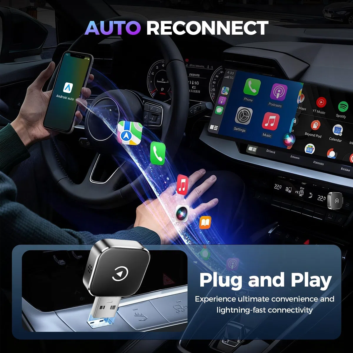 2026 Wireless Carplay & Android Auto Adapter 2-in-1, 2.4+5.0 GHz WiFi Android Auto Adapter, Plug and Play, 5.0 Bluetooth Stabile Verbindung, USB C/A, Kompatibel mit Phone iOS 10+ und Android 11+