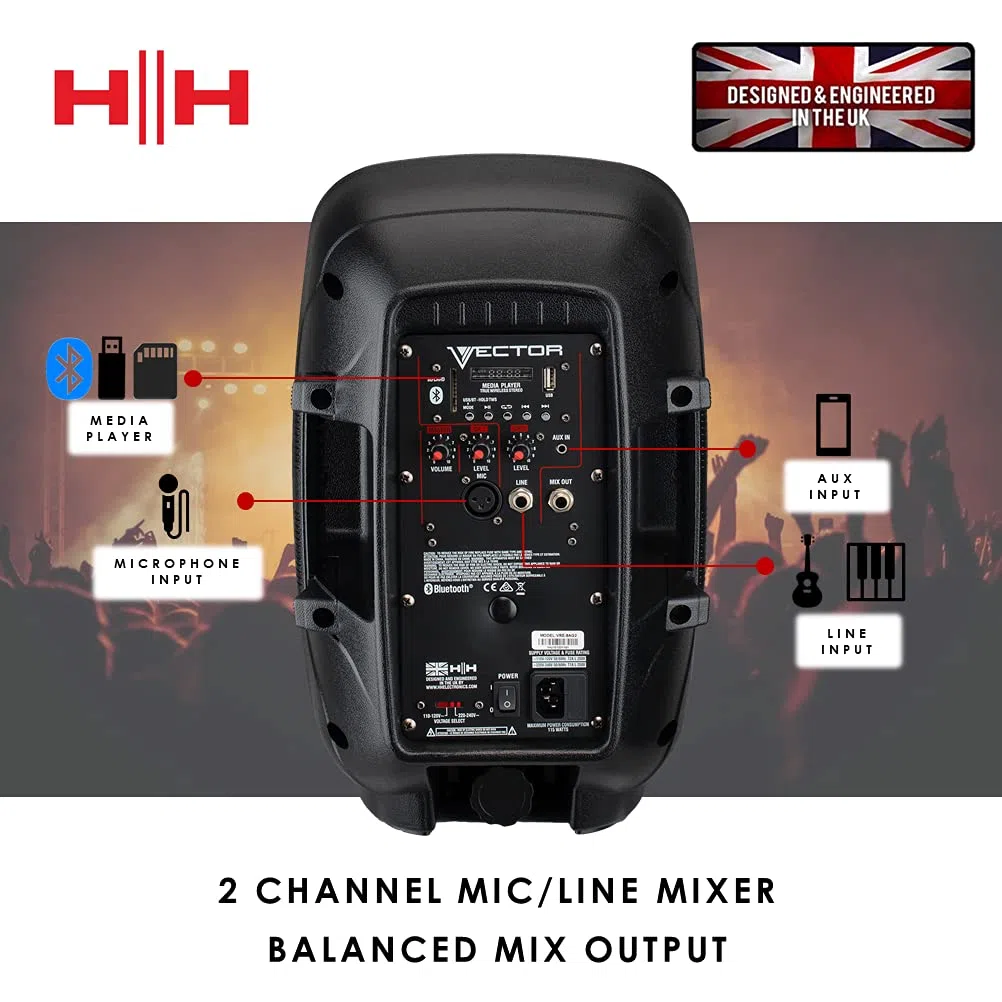HH Electronics VECTOR by HH Electronics - VRE-8AG2 - Portable 300 W 8 inch 2-way active speaker with 2 Ch mixer, Bluetooth V5.0, SD & USB