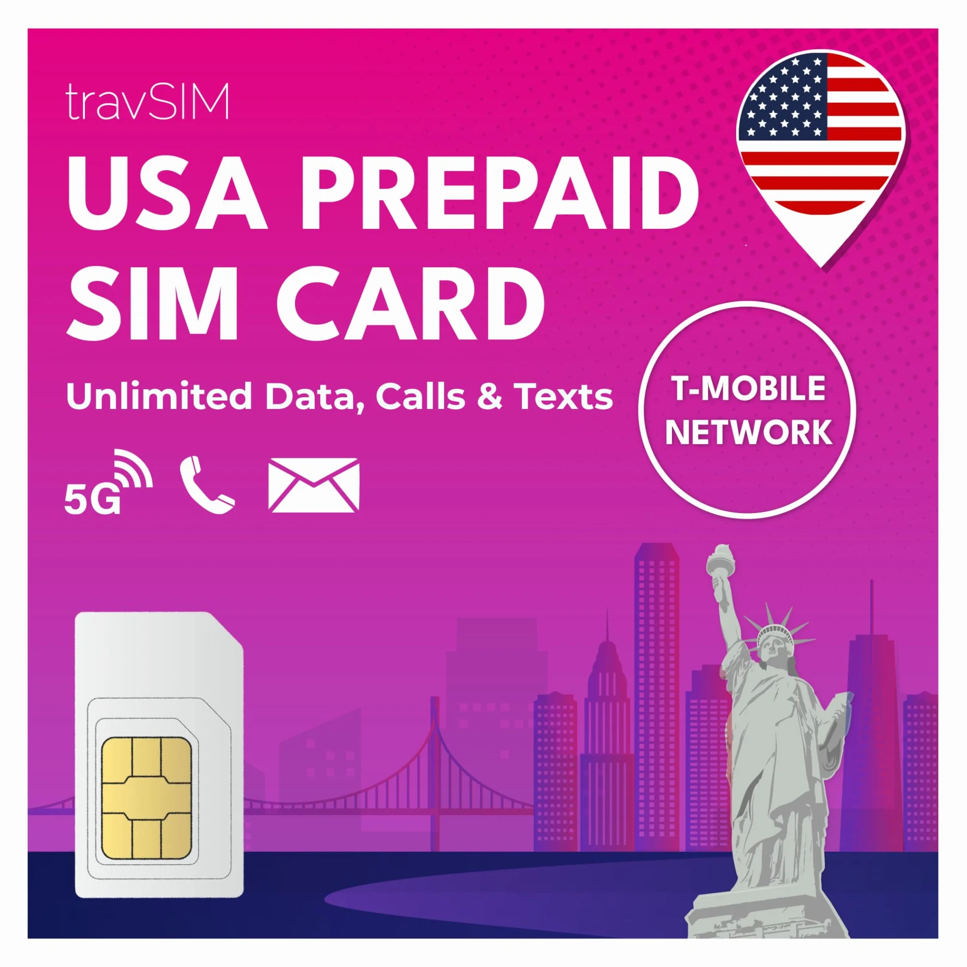 travSIM USA SIM Karte | T-Mobile Netz | Unbegrenzte Daten, Anrufe & Texte in den USA | SIM Karte USA funktioniert auf iOS & Android Geräten | SIM USA 60 Tage