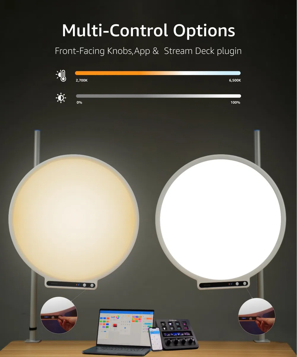 amaran Verge Max 22" Bi-Color Rundlicht für Schreibtisch oder Studio, Edge-Lit LED-Panel, 2700K–6500K, CRI 96, Frontregler & USB-C Stromversorgung, mit Tischklemme – Weiß