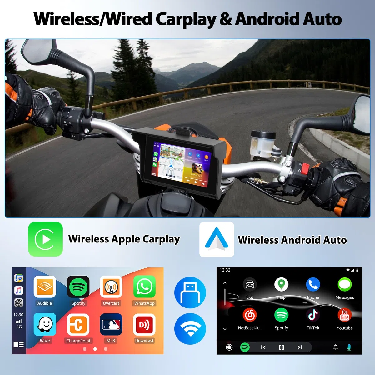 CAMECHO Motorrad GPS Carplay Bildschirm, Kabelloses CarPlay und Android Auto, Tragbarer 7 Zoll Wasserdichter Bluetooth Touchscreen mit Dual Bluetooth, EQ, Navigation, Siri
