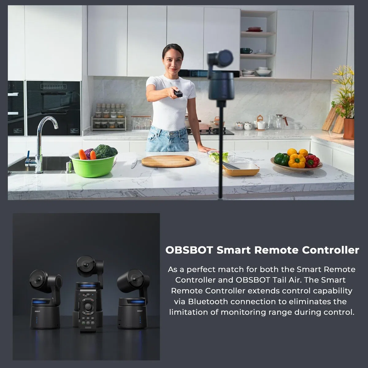 OBSBOT Tail Air/Tail 2 Remote Controller, PTZ-Steuerung über Gimbal-Knopf oder Handgelenksbewegungen, Bluetooth Wirelessly Connect bis zu 3 OBSBOT Tail Air Geräte
