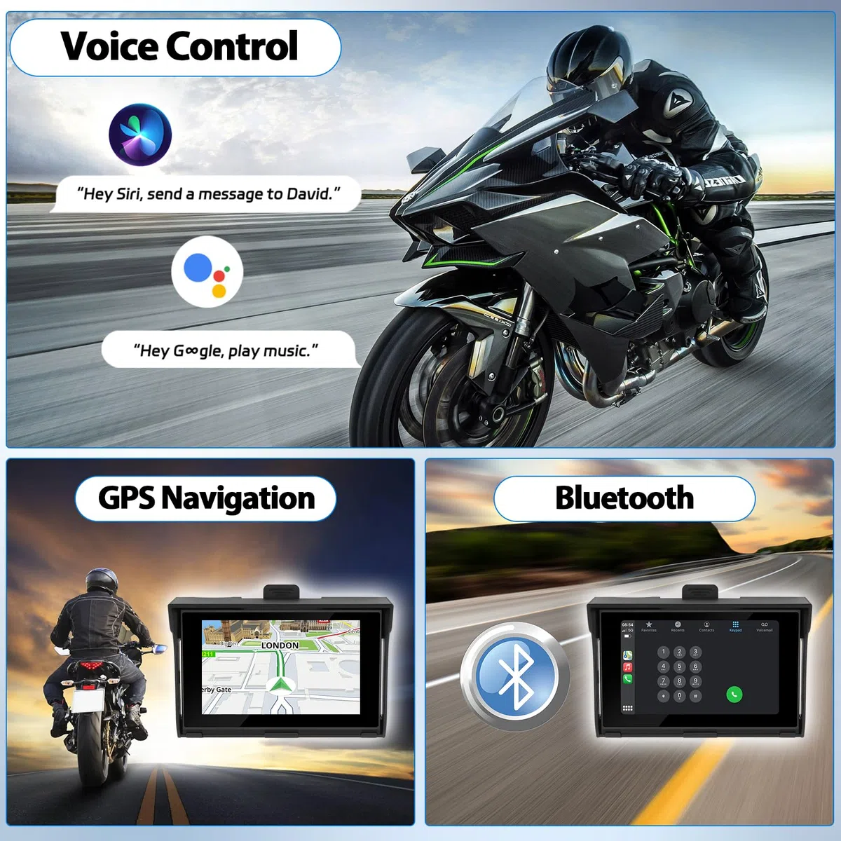 CAMECHO Motorrad GPS Carplay Bildschirm, Kabelloses CarPlay und Android Auto, Tragbarer 7 Zoll Wasserdichter Bluetooth Touchscreen mit Dual Bluetooth, EQ, Navigation, Siri