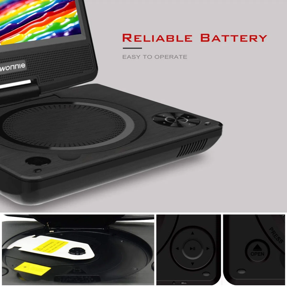 WONNIE Tragbarer DVD-Player, 19,1 cm DVD-Player für Kinder und Auto, schwenkbarer Bildschirm, unterstützt SD-Karte, USB, CD, DVD mit AV IN/OUT Integrierter 4 Stunden wiederaufladbarer Akku