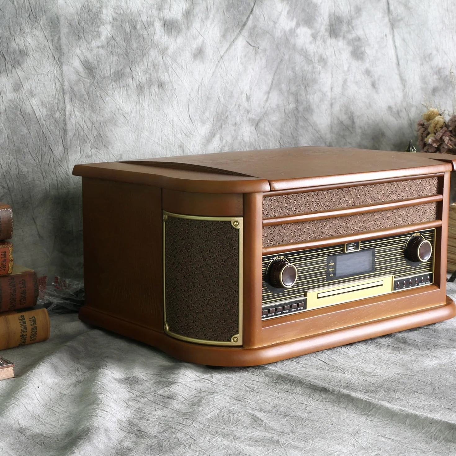 Plattenspieler 9-in-1 DAB Vinyl Turntable Vintage Holz mit Bluetooth/FM/Stereo-Lautsprecher/CD/MP3/Kassette/USB