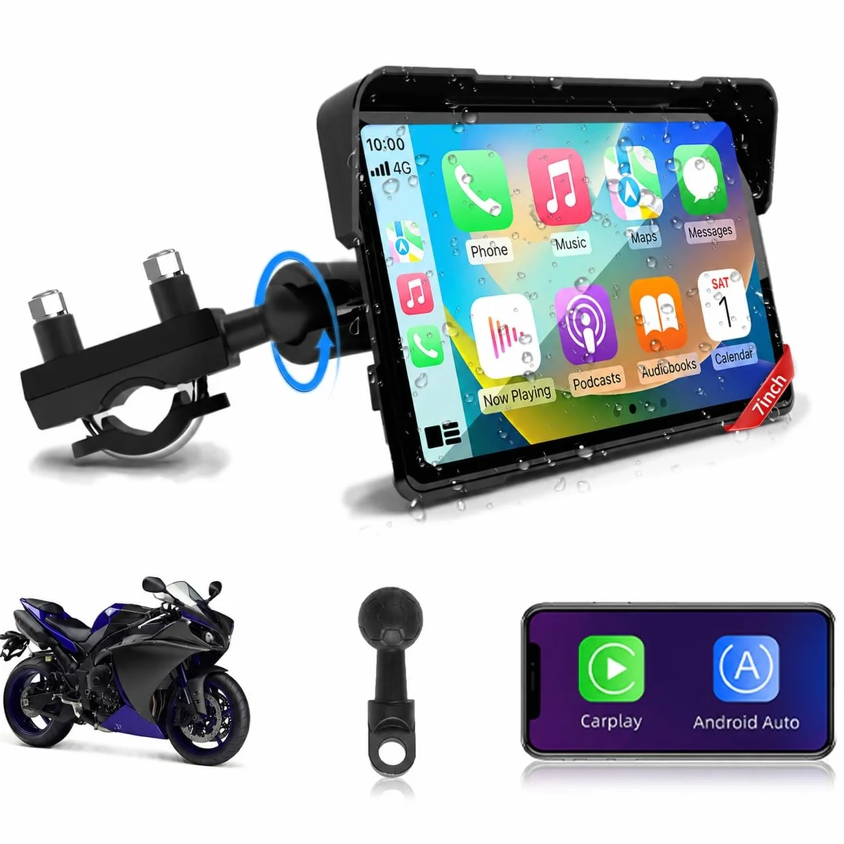 2026 Jansite 7 Zoll Motorrad Carplay Android Auto, 2,5D IPS Motorrad Display IP67 Wasserdichter Navigationsgeräte Für Motorräder mit Dual-Bluetooth, Siri/G-oogle Assistant