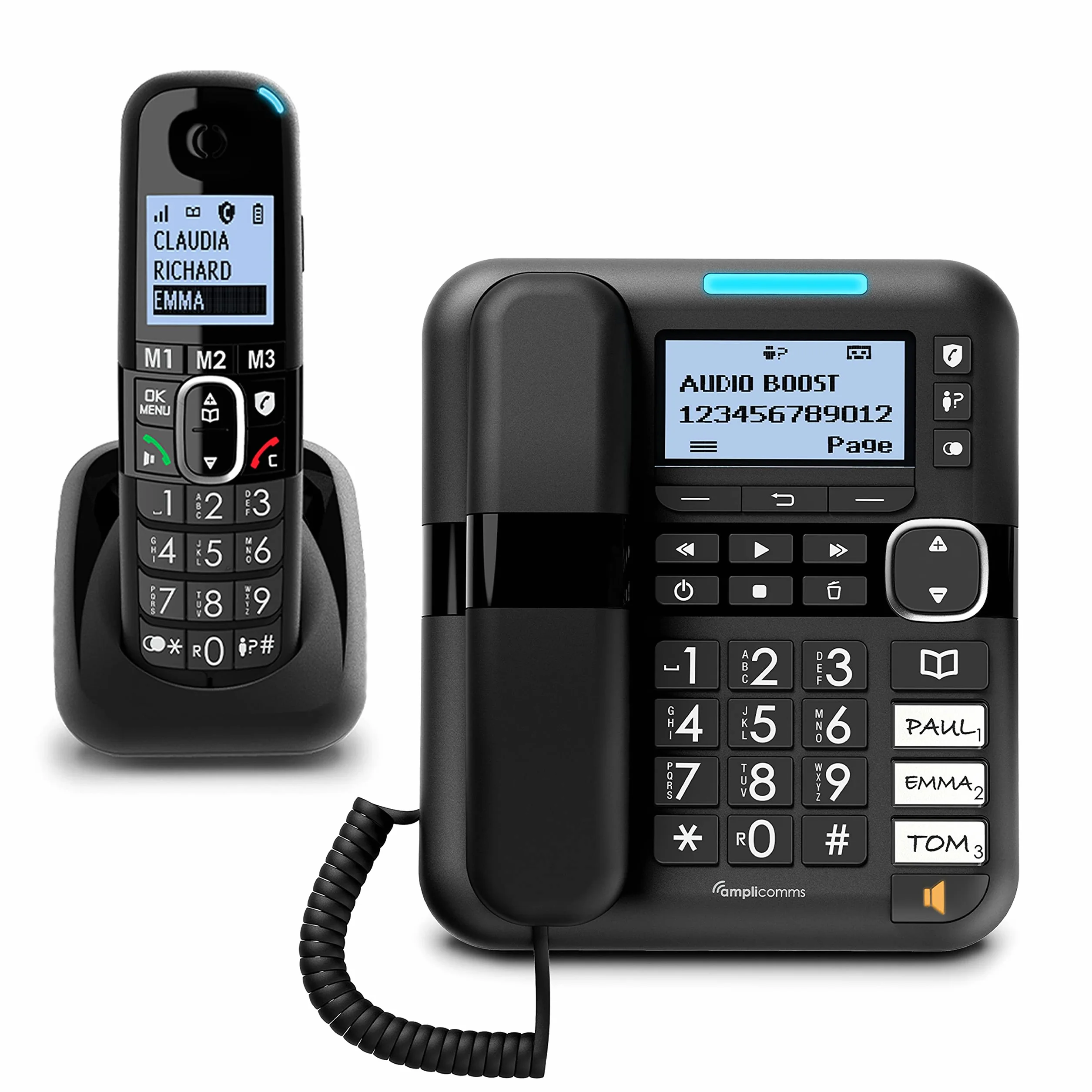 Amplicomms BigTel 1580 Combo DECT Großtasten Telefon, Anrufbeantworter, zusätzliches Mobilteil, Audio-Boost, extra Laute Klingeltöne, Hörgerätekompatibel, Schwarz