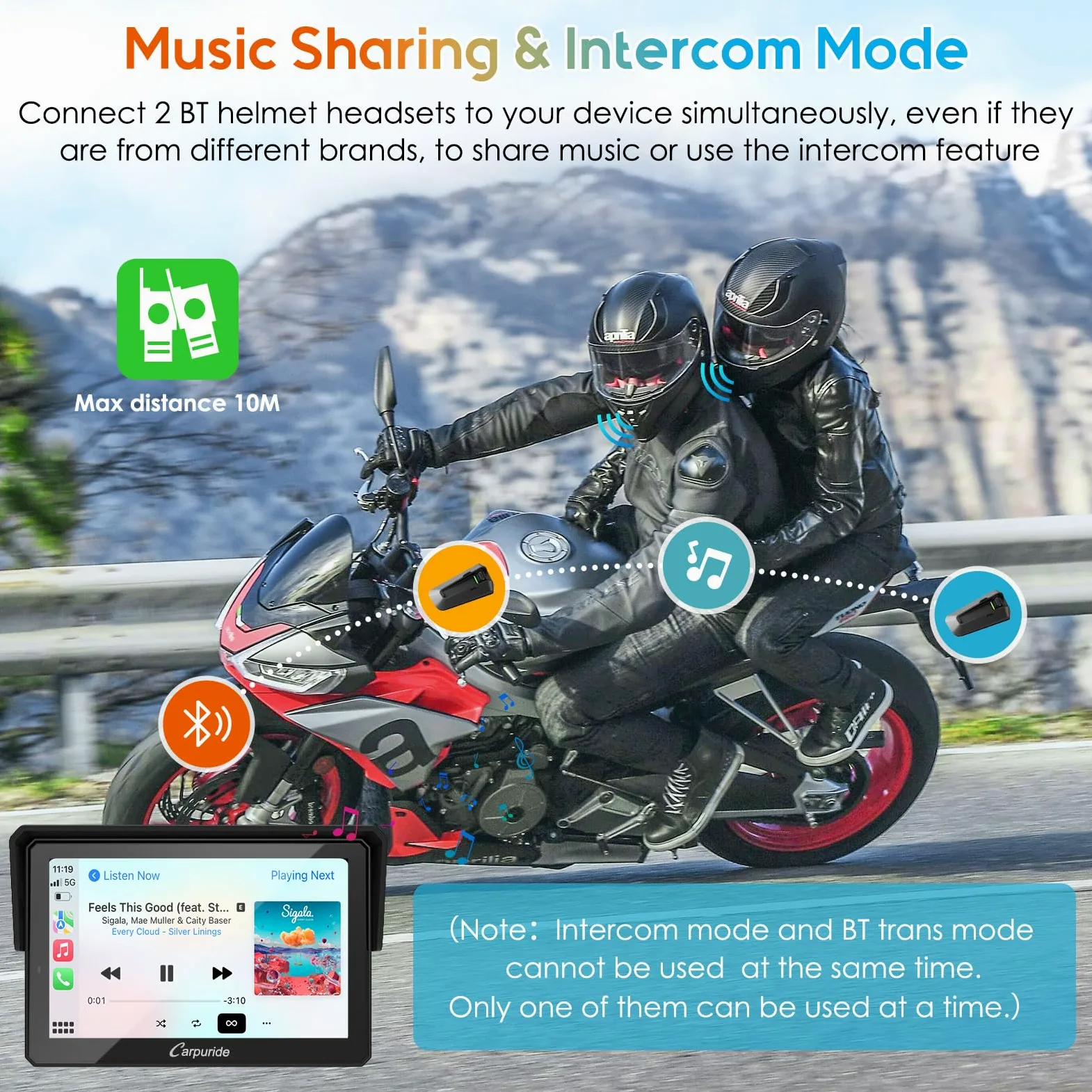 Carpuride W502PRO für Motorrad CarPlay & Android Auto & Dual Bluetooth - 5 Zoll wasserdichter GPS-Navigation für Motorrad, Musik-Sharing, Gegensprechanlage, EQ, Lichtsensor, Kompass, Barometer