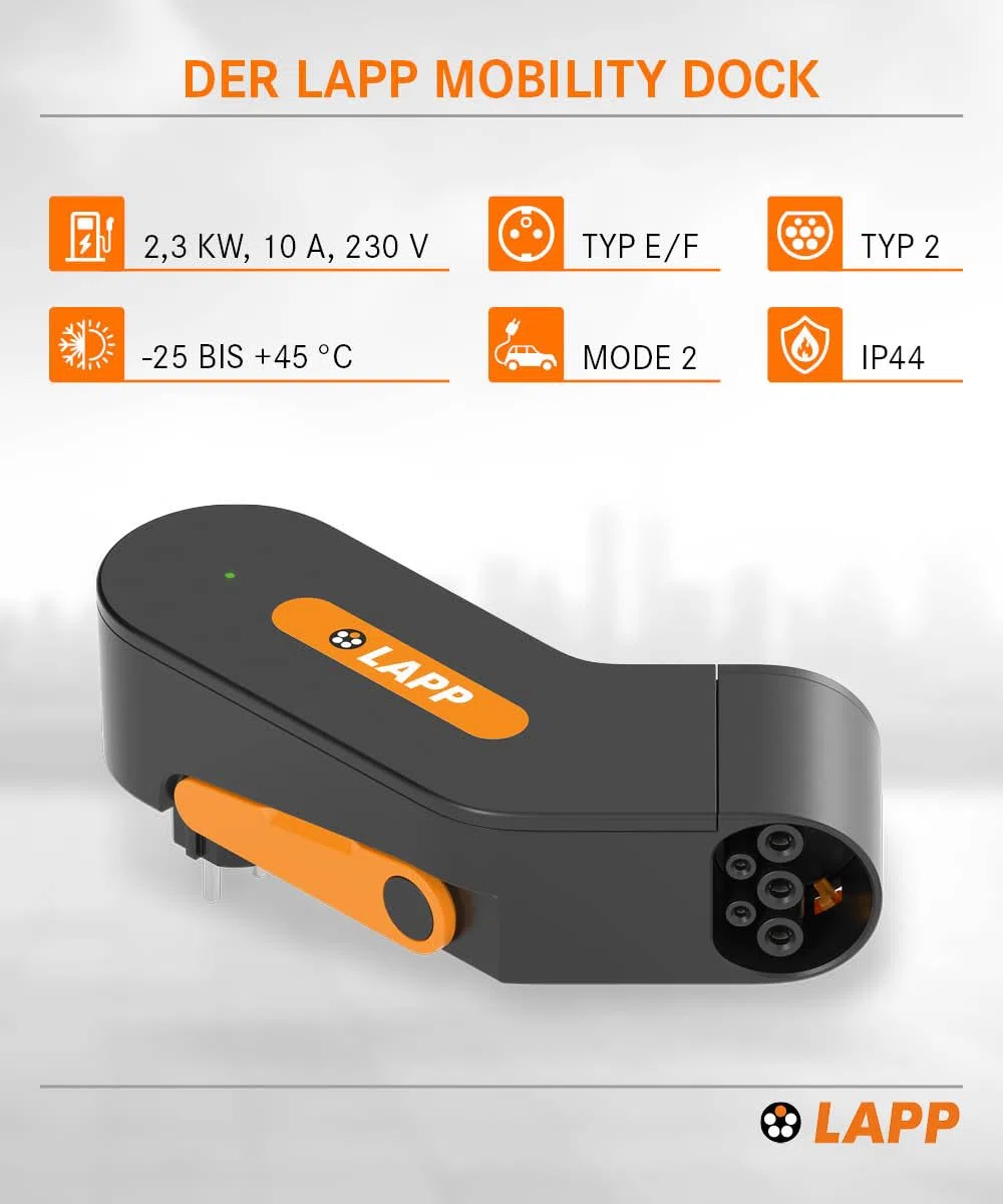 Lapp Mobility Dock/Mobiles EV Ladegerät für die Haushaltssteckdose/Notladegerät für E-Autos/Tragbares E-Auto Ladegerät für Unterwegs/Ladegerät für Elektro- und Plug-in / IP44