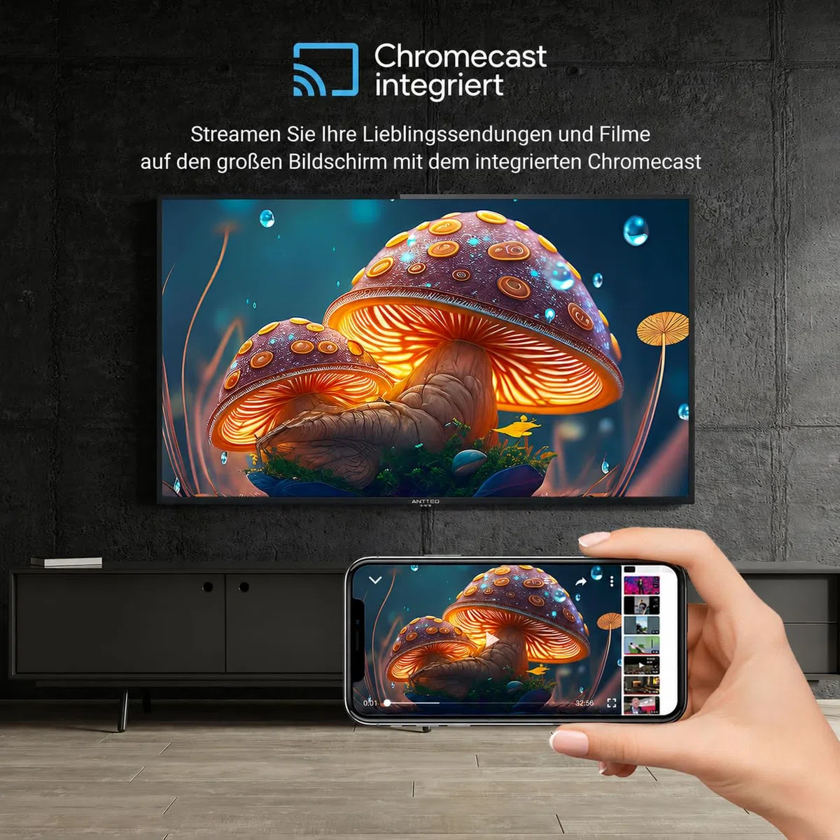 Antteq AG32H3 Smart TV 32 Zoll Bluetooth (Fernseher 80 cm) Android TV mit WLAN, Sprachassistent, Triple Tuner (DVB-C/S2/T2), Google Play Store (DAZN/Netflix/Prime Video), WiFi
