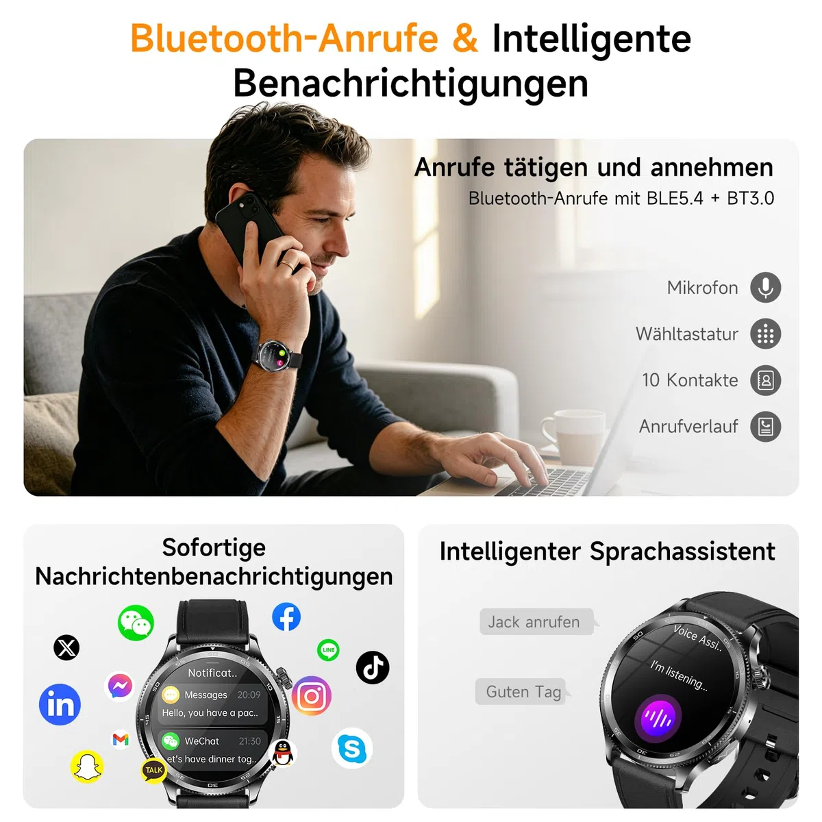 Smartwatch Herren Damen, 1.43" Smart Watch Rund mit Telefonfunktion | 1.43" Gesundheitsuhr mit 24H Pulsuhr SpO2 Harnsäure, SOS-Notruf, 150+ Sportmodi Fitnessuhr für iOS/Android, Schwarzes Leder