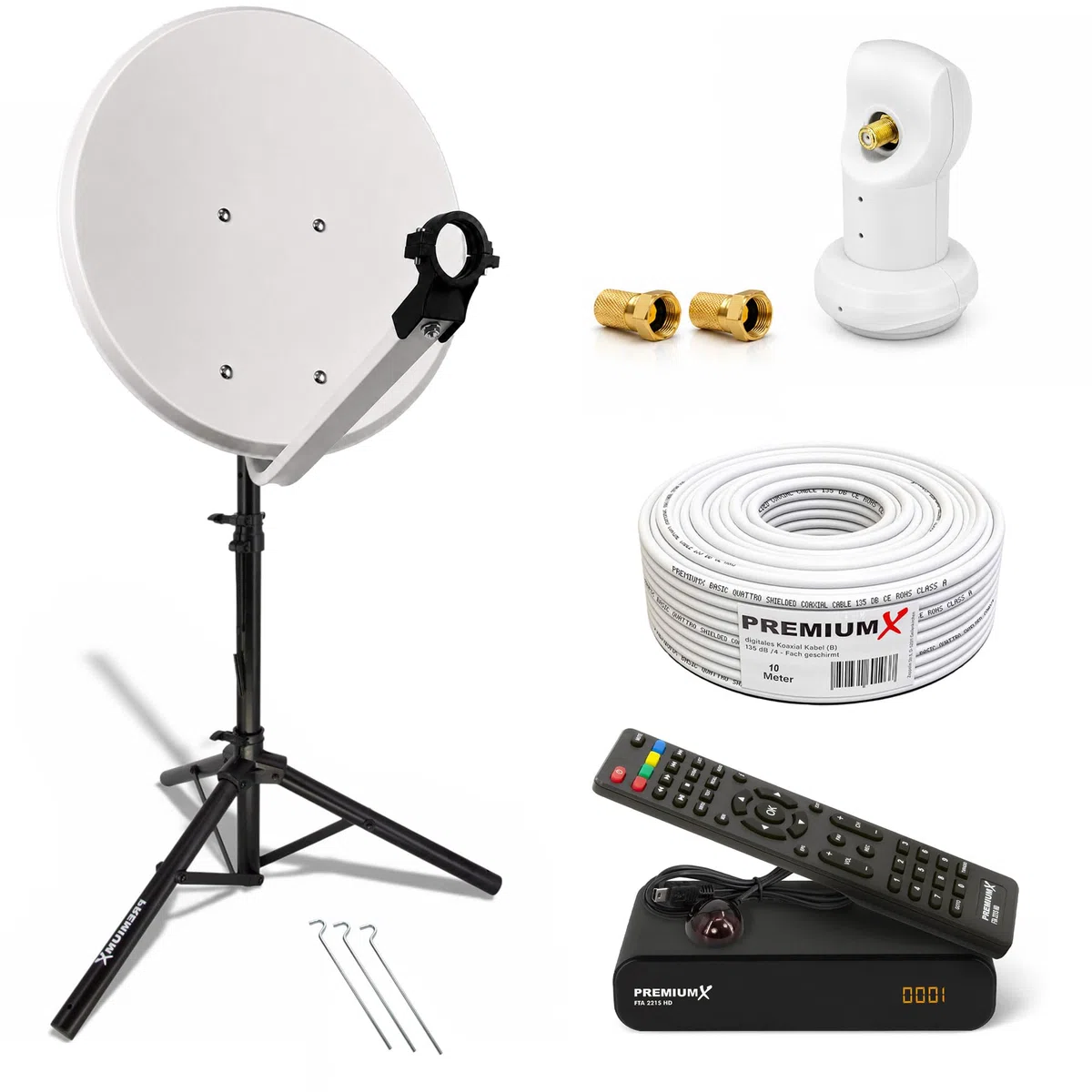 PremiumX Camping Satelliten-Komplettanlage 60cm Antenne Hellgrau SAT Single LNB Dreibein-Stativ TV Kabel Sat-Receiver HDMI-Kabel