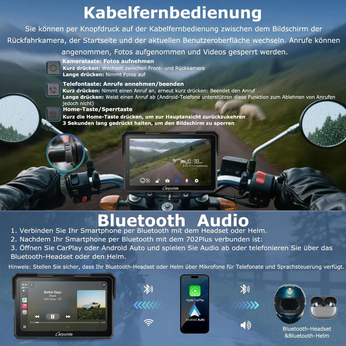 Carpuride W702 Plus 8 Kern Android 14 Motorrad Carplay Bildschirm mit Dual Kameras, Kabellos CarPlay und Android Auto, 7" Wasserdichter Touchscreen, BT Audio, Loop-Aufnahme, Online/Offline Navigation.