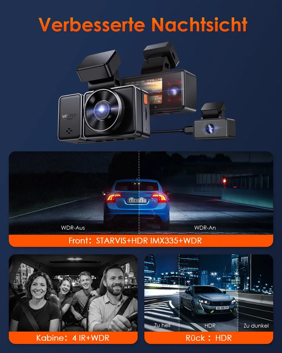 VANTRUE E3 3 Lens 2.7K Dashcam mit 5GHz WiFi, 1944P+1080P+1080P Dash Cam, Sprachsteuerung Dashcam Auto Vorne Hinten, IR Nachtsicht, 24Std. Puffer Parkmodus Dashcams, Loopaufnahme, Max 512G