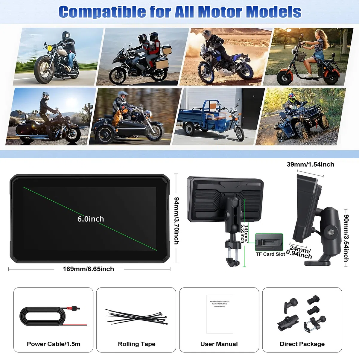 [2026] CAMECHO 6 Zoll Wireless Motorrad-Carplay Android Auto, IP68 Wasserdicht HD 1440 * 720 Touchscreen Bildschirm Navi Display für Motorräder mit Dual Bluetooth 5.0 + Airplay Android Cast