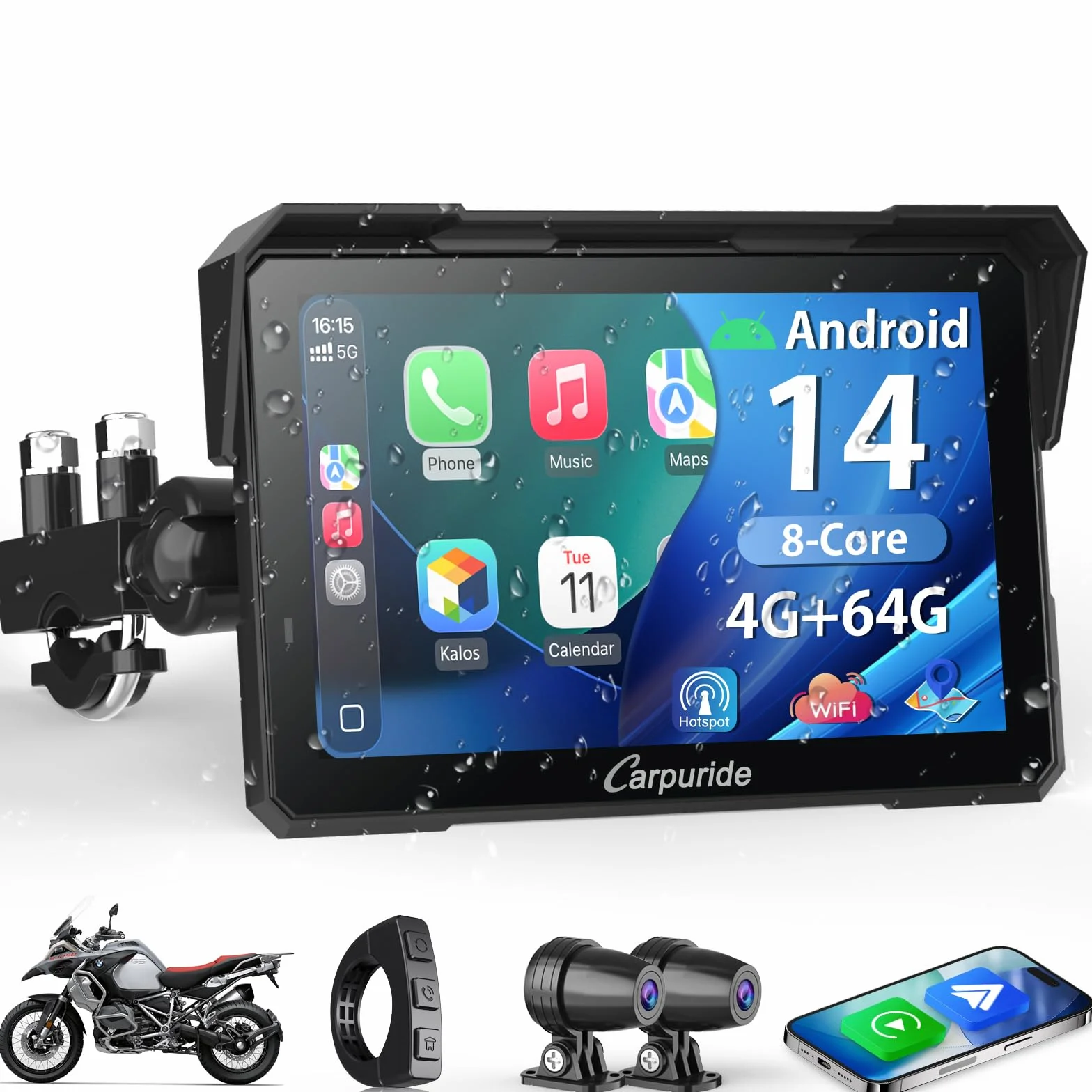 Carpuride W702 Plus 8 Kern Android 14 Motorrad Carplay Bildschirm mit Dual Kameras, Kabellos CarPlay und Android Auto, 7" Wasserdichter Touchscreen, BT Audio, Loop-Aufnahme, Online/Offline Navigation.