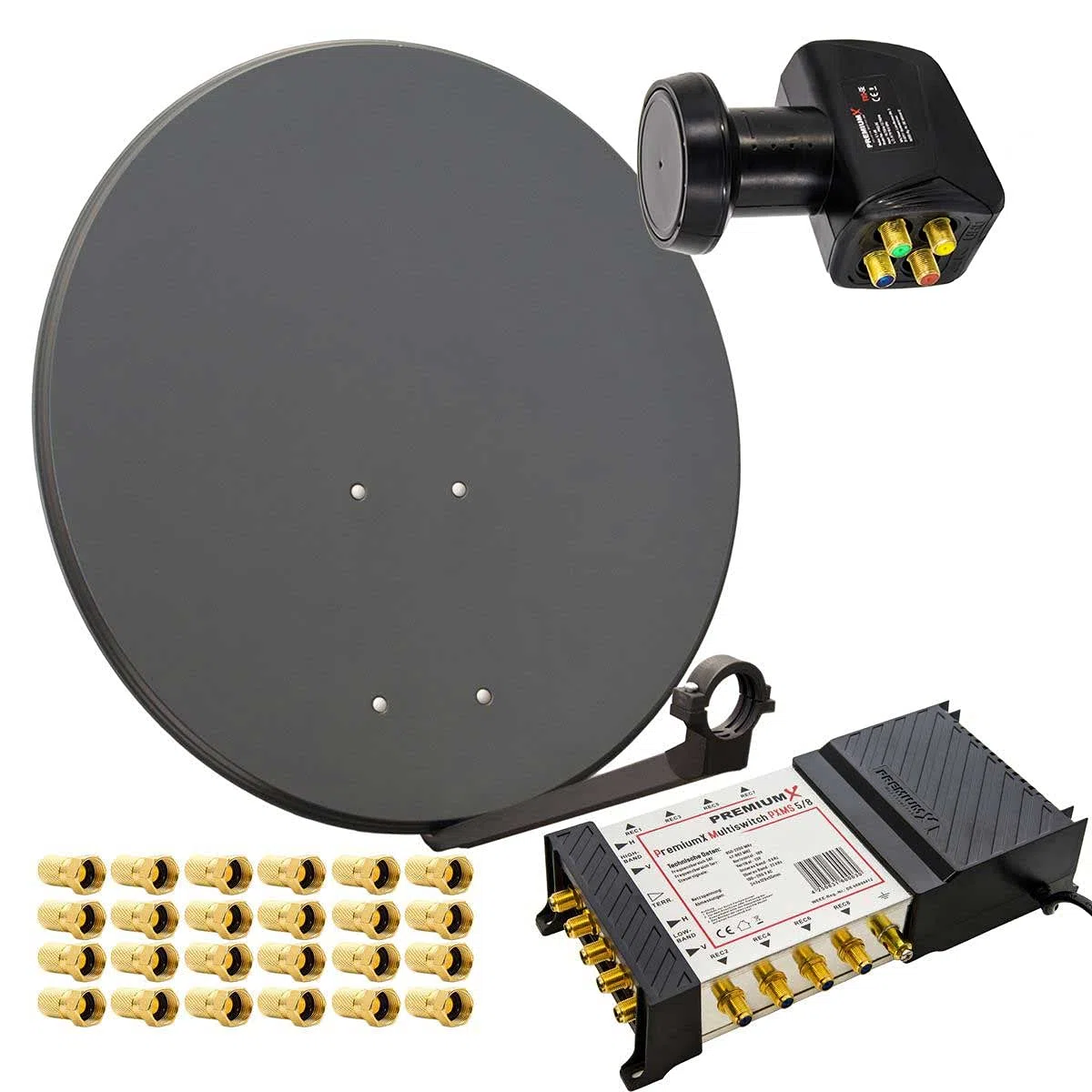 Premium X Satelliten-Komplettanlage 80cm Satellitenschüssel Anthrazit Multischalter 5/8 Quattro LNB 24 F-Stecker, 1 SAT für 8 Teilnehmer