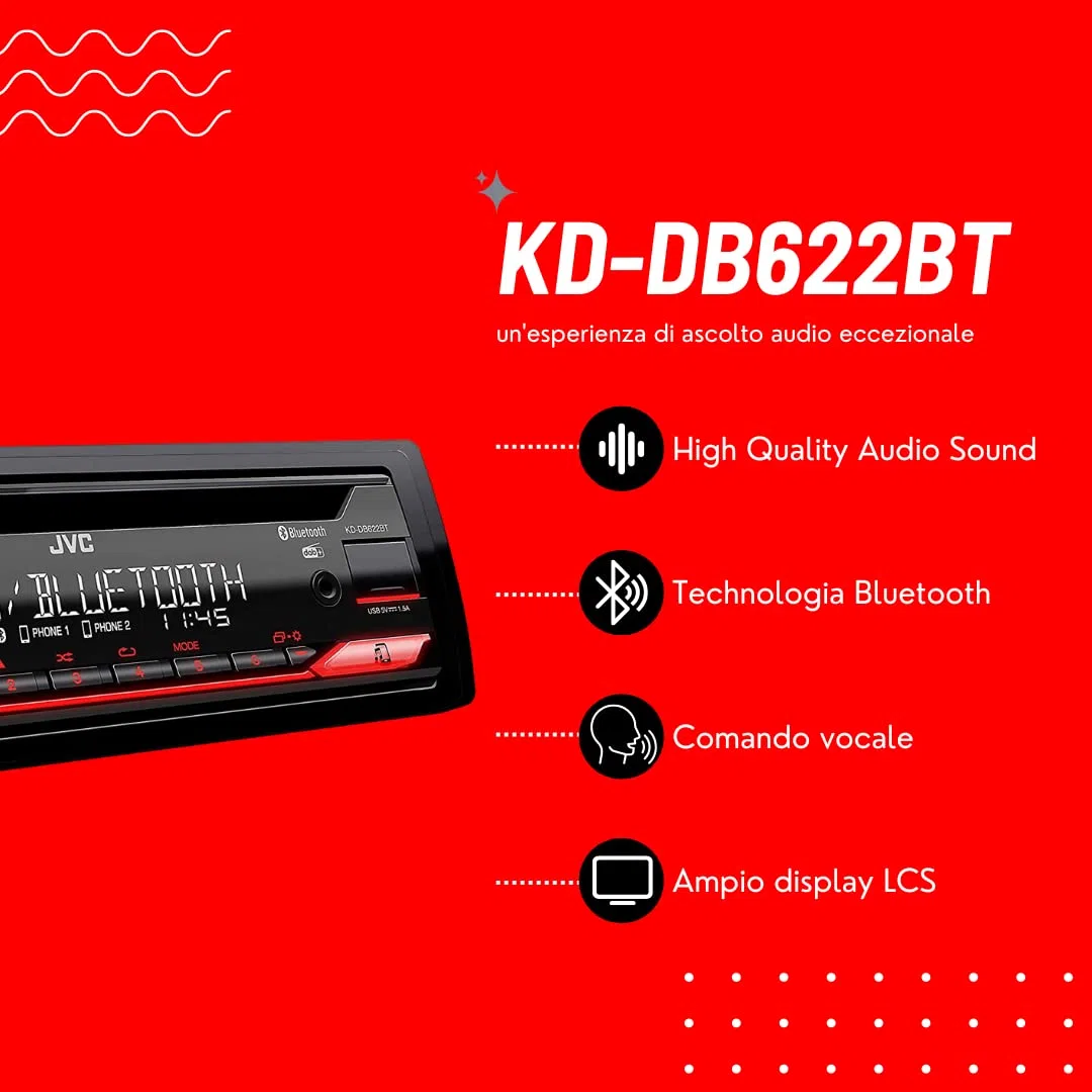 JVC KD-DB622BT CD-Autoradio mit DAB+ und Bluetooth Freisprecheinrichtung (Soundprozessor, USB, AUX-In, Spotify Control, 4 x 50 Watt, rote Tastenbeleuchtung, Ohne Antenne)