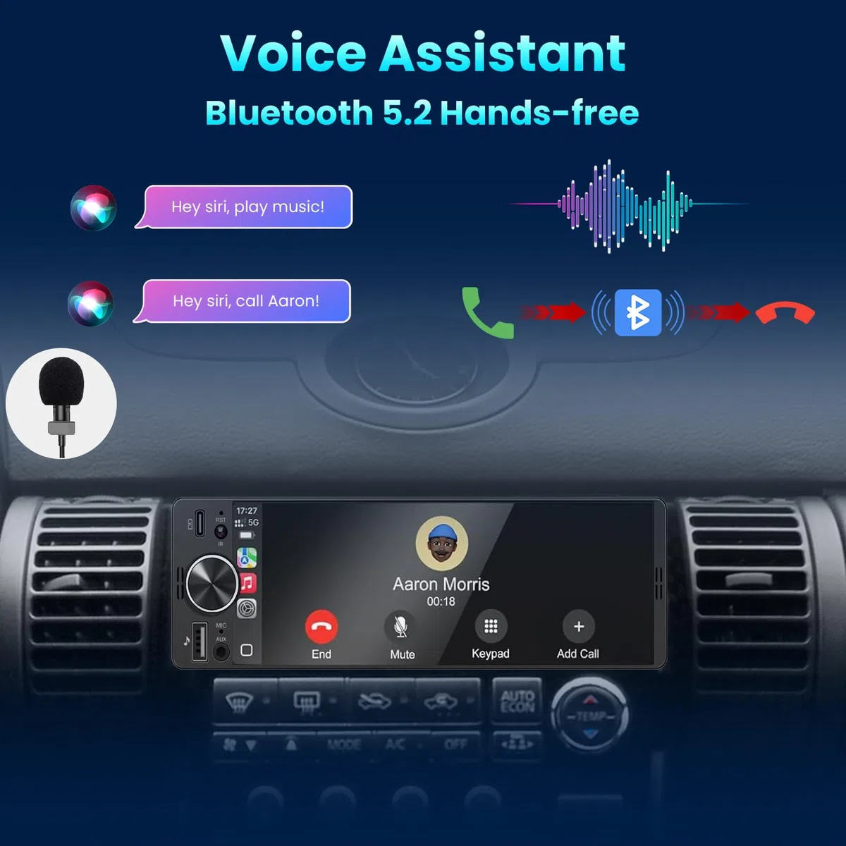 Autoradio 1DIN Mit Bildschirm (6,3") Kompatibel Mit Apple CarPlay [Wireless] Android Auto Bluetooth USB (Typ-C 3A Schnellladung) Rückfahrkamera AM/FM/RDS Radio