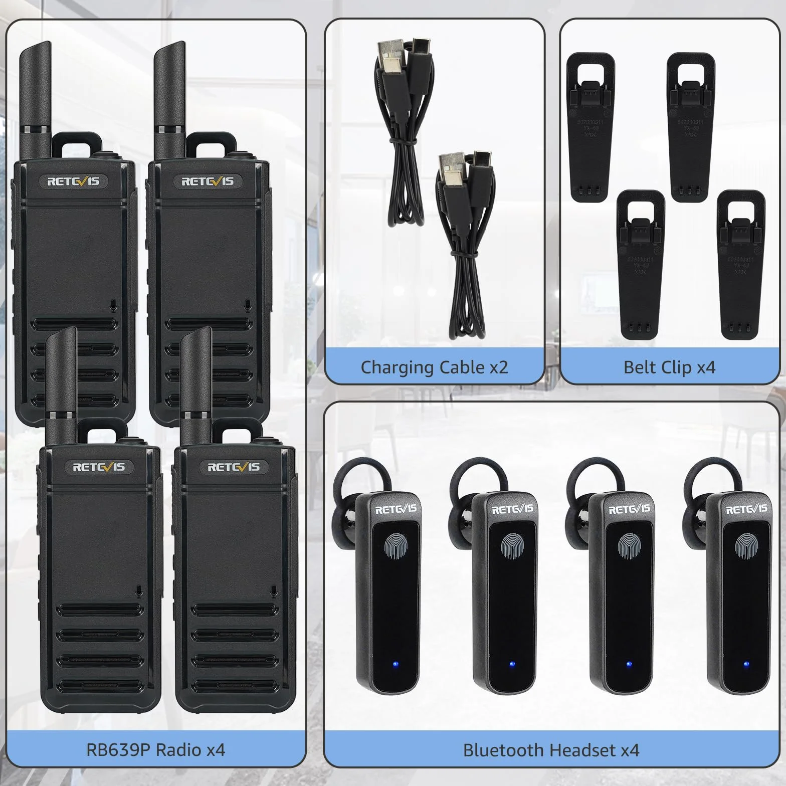 Retevis RB639P Walkie-Talkies für Erwachsene, Mini-Funkgerät mit Ohrhörern, VOX, USB-C, PMR446 Professionelles 2-Wege-Funkgerät für Restaurant (Schwarz, 4 Stück)