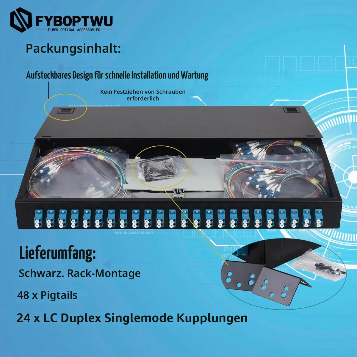 24 Duplex Singlemode 48 Port LC Rack Mount Gehäuse Box + Spleißschalen Glasfaserkabel Spule LC-UPC Kit (enthalten Pigtail & Kupplungen), 48 Core LGX Patch Panel Box passt für 19" Racks