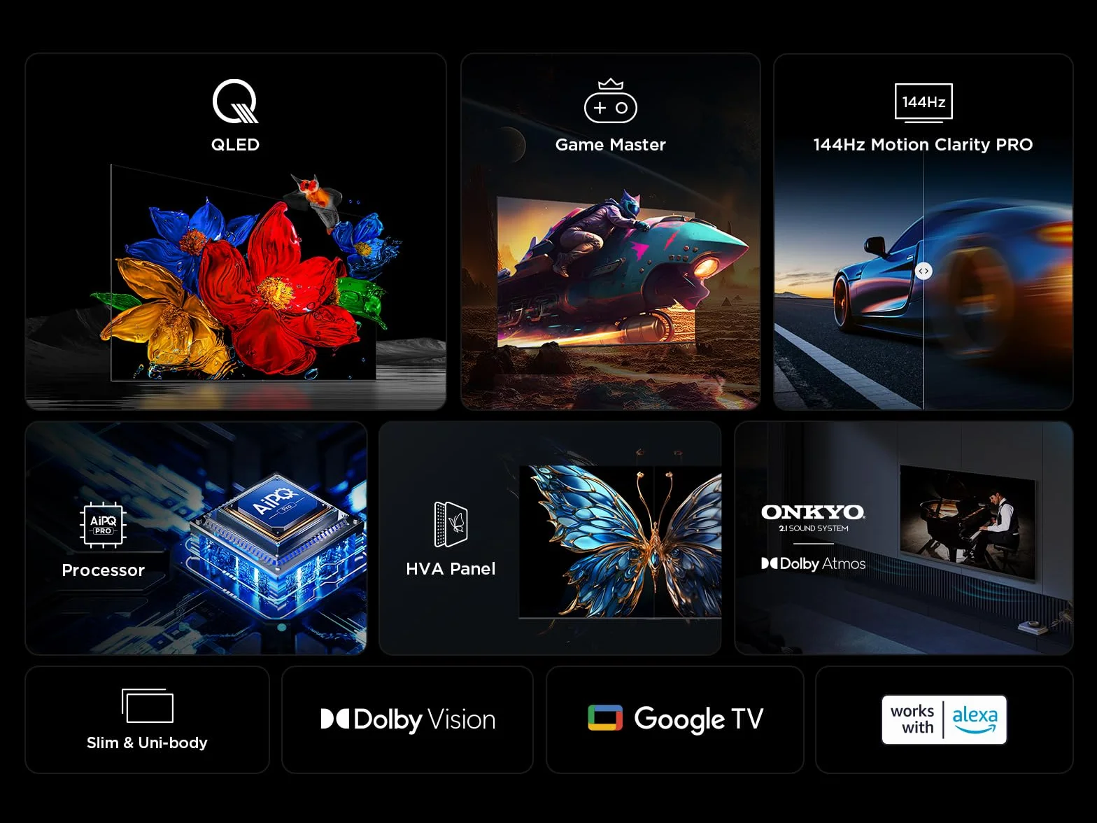 TCL 65T8C 65 Zoll QLED 4K HDR UHD Fernseher, Smart Google TV Dolby Vision & Atmos, 144Hz Motion Clarity Pro, Game Bar, ALLM, FreeSync, Onkyo 2.1 Sound, Sprachsteuerung, Kompatibel mit Google Assistant
