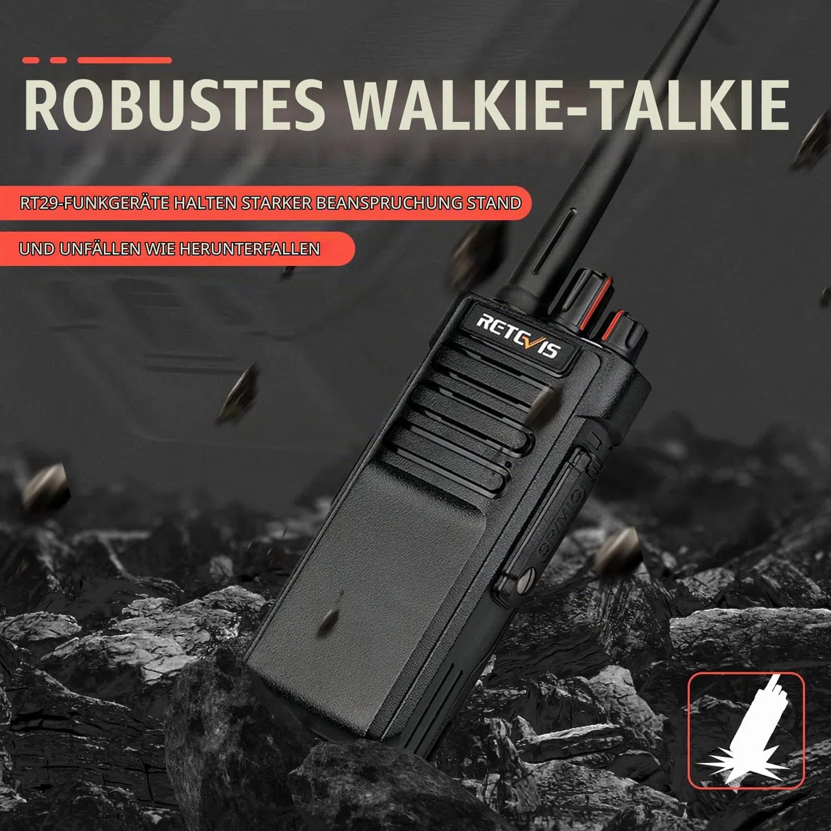 Retevis RT29 Walkie Talkie mit Großer Reichweite, Professional Funkgeräte Wasserdicht IP67, 3200mAh, VOX, 16 Kanäle, Robustes Funkgerät für Baustelle Jagd Farm (Schwarz, 2 Stück)