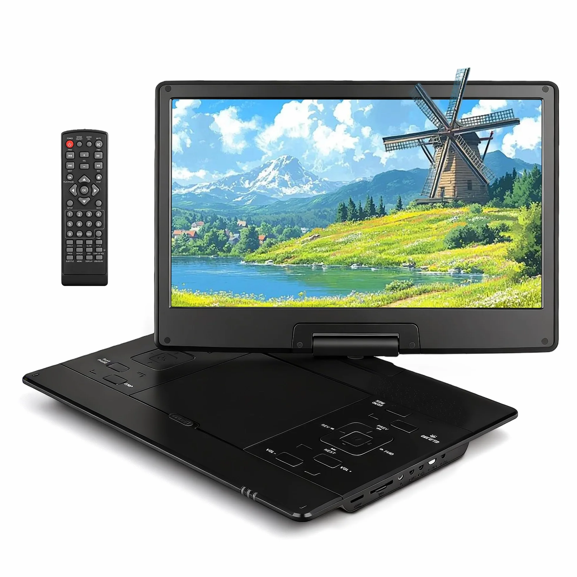 Tragbarer 17,5'' DVD Player mit 15,6'' drehbarem HD-Display – 8 Stunden Akkulaufzeit, Unterstützung für mehrere Formate, SD/USB, TV und mit Speicherfunktion, Stereo-Lautsprecher, Schwarz