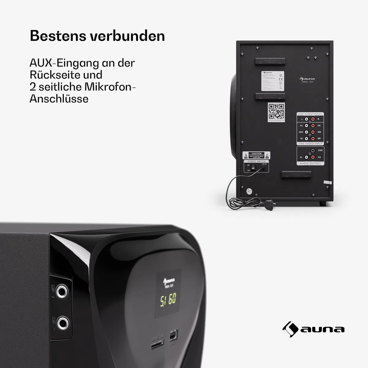 auna Areal 825 5.1 Soundsystem Kabellos mit Bluetooth, 100-W-Subwoofer und RGB-Beleuchtung - USB-/SD-Anschlüsse, AUX und Optischer Eingang, Heimkino-Lautsprecher mit Fernbedienung