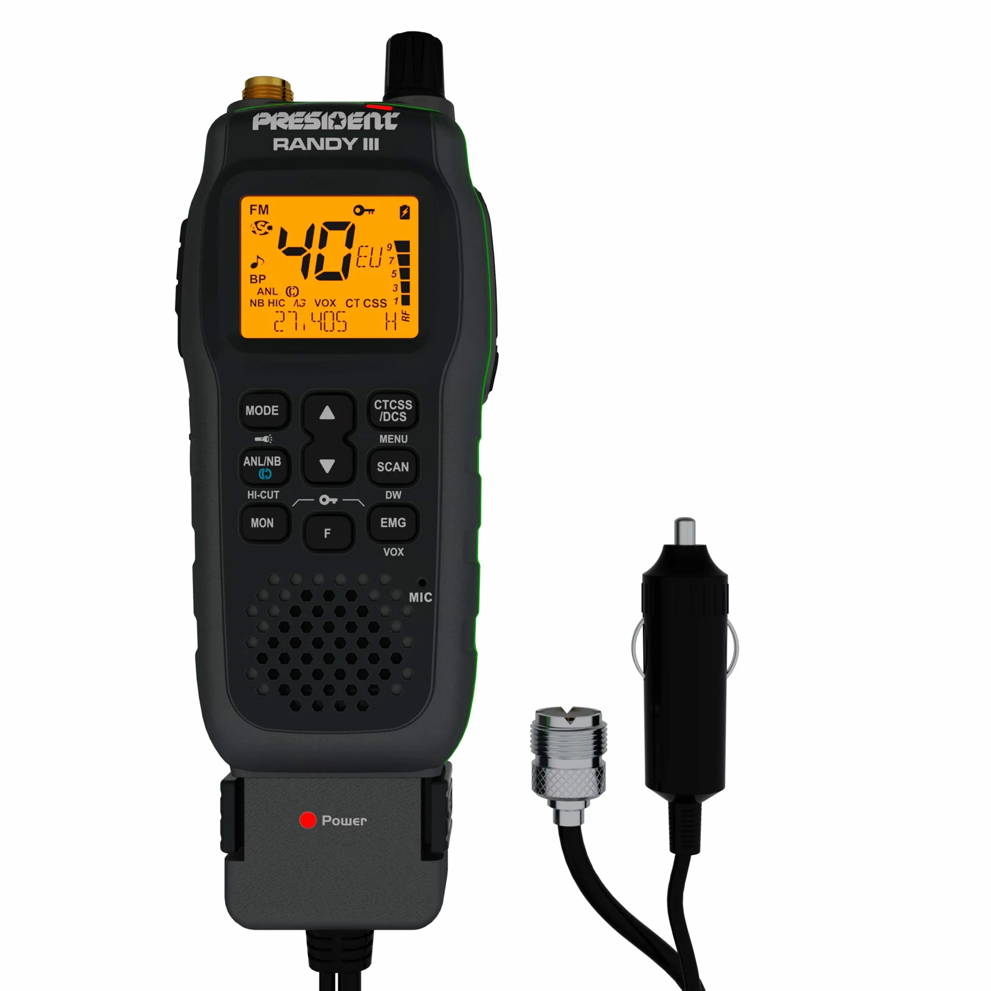 Tragbares CB-Radio President RANDY III AM / FM, Roger Beep, ASC, ANL, NB, HI-CUT, CTCSS / DCS, Batterie