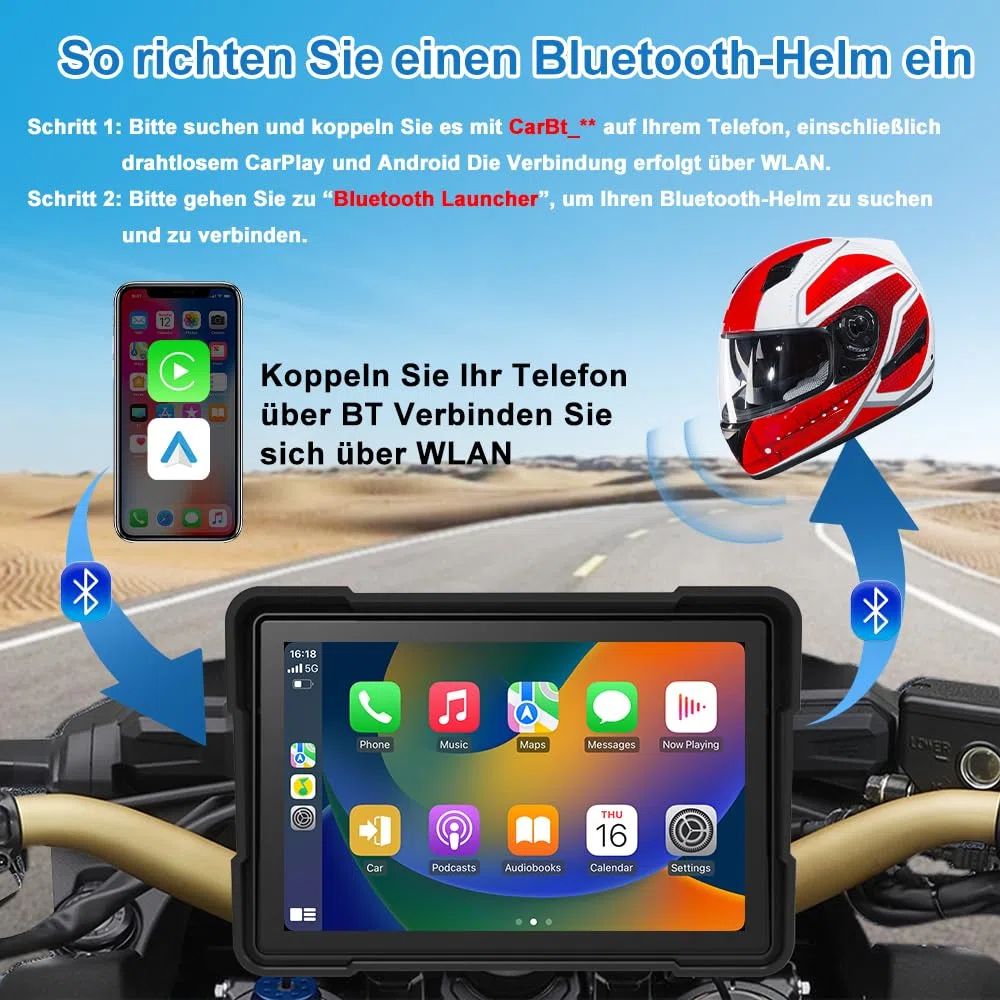 Motorrad Navi Navigationsgeräte Wireless CarPlay Android Auto Portable Motorräder mit Front und Rückansicht Recorder, 5 Zoll Touchscreen wasserdicht GPS Navigation für Motorrad mit 64GB TF-Karte