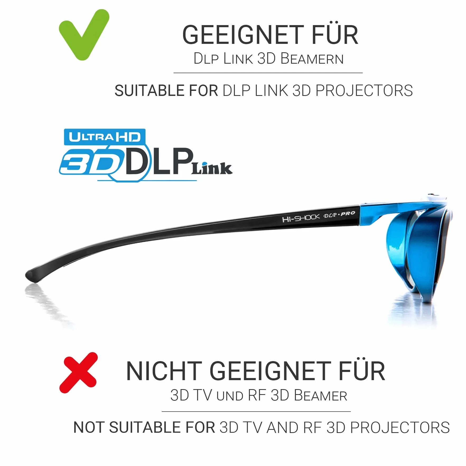 Hi-SHOCK DLP Pro 2X Blue Heaven | DLP Link 3D Brillen Set kompatibel mit DLP Beamer Acer, BenQ, Optoma, Viewsonic, Philips, Infocus, NEC, Vivitec, HiTachi, Canon, Casio, Largo | inkl. Dualcase