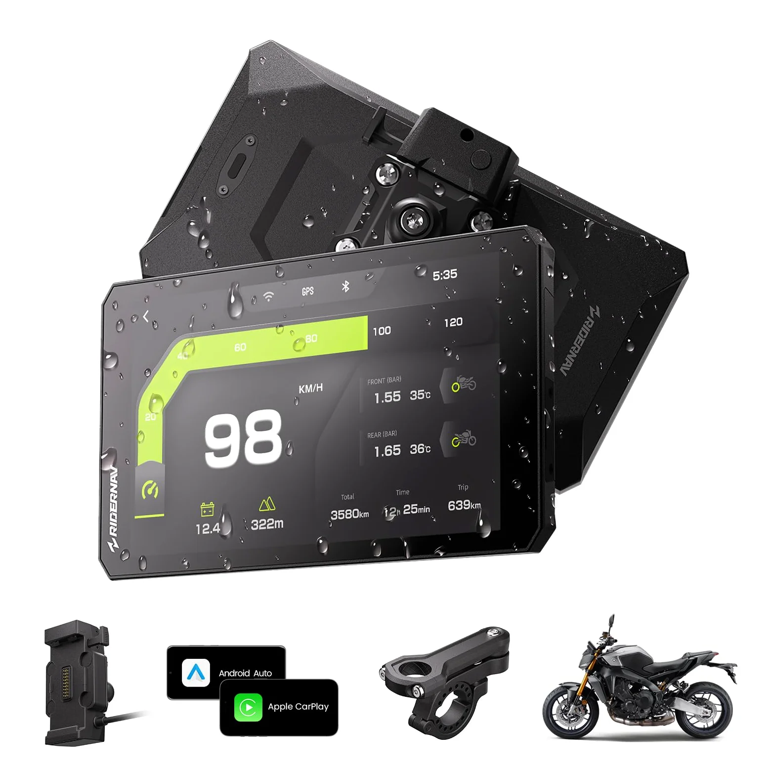 R7X Kabelloses Motorrad-Display für Apple CarPlay & Android Auto, Quick-Release-Halterung, 7" 1200 Nits 60fps Display, IP69K Wasserdicht, Action-Kamera-Steuerung, Universelle Passform