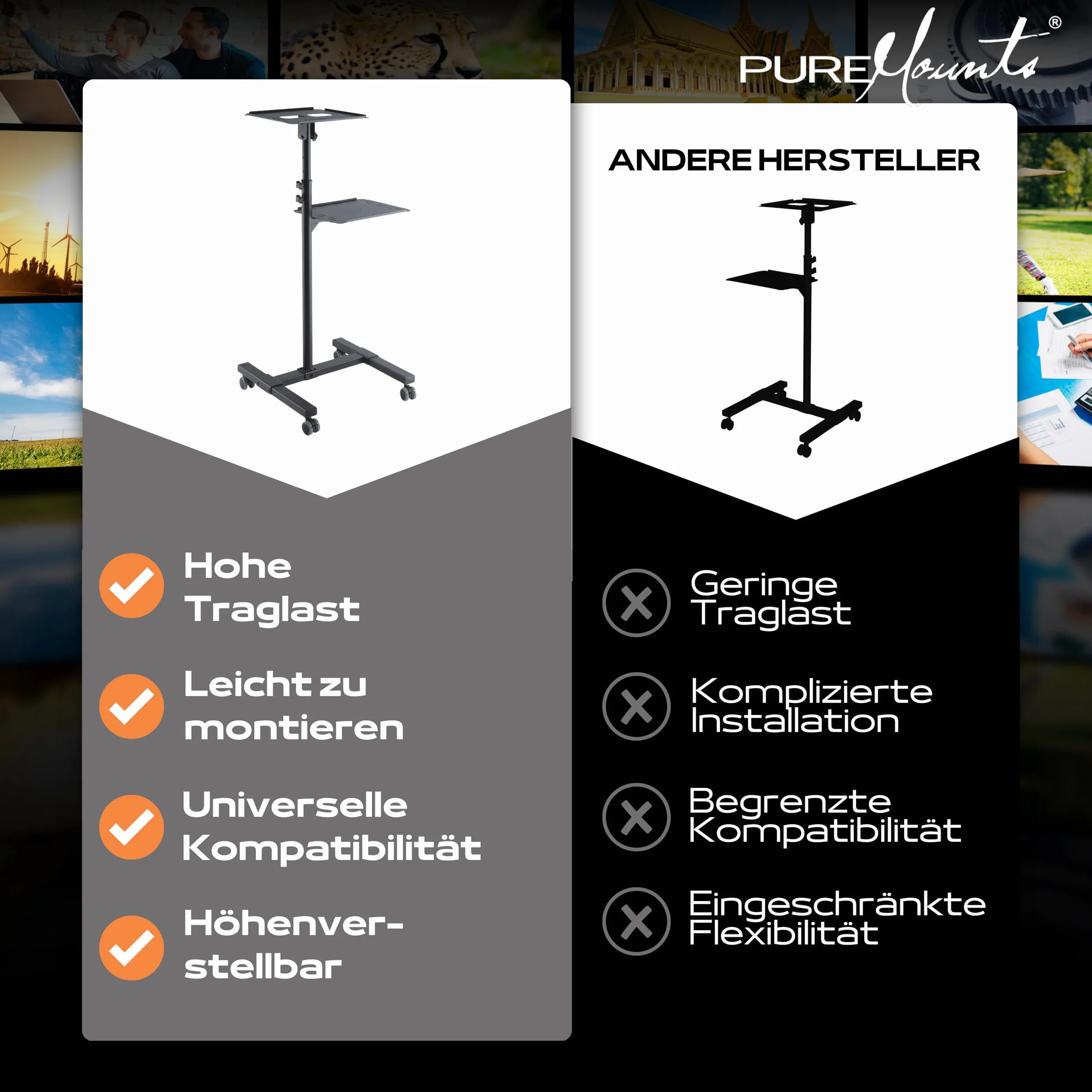 PureMounts PM-PCART-10 - Neigbarer Projektionswagen/Projektionstisch für Beamer und Projektor, flexibel einstellbar (950mm bis 1450mm), feststellbare Rollen, Tragkraft 10kg, Farbe schwarz