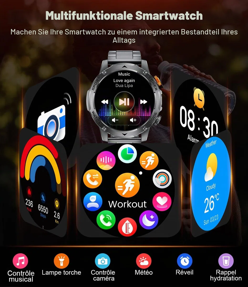 Militär Smartwatch Herren - 1000 mAh/1,75" HD Großes Touchscreen/LED-Licht, 5ATM wasserdicht Fitnessuhr mit 120+ Sportmodi, Herz-/Schlaftracking,3 Armbändern,Sportuhr iOS/Android Schwarz