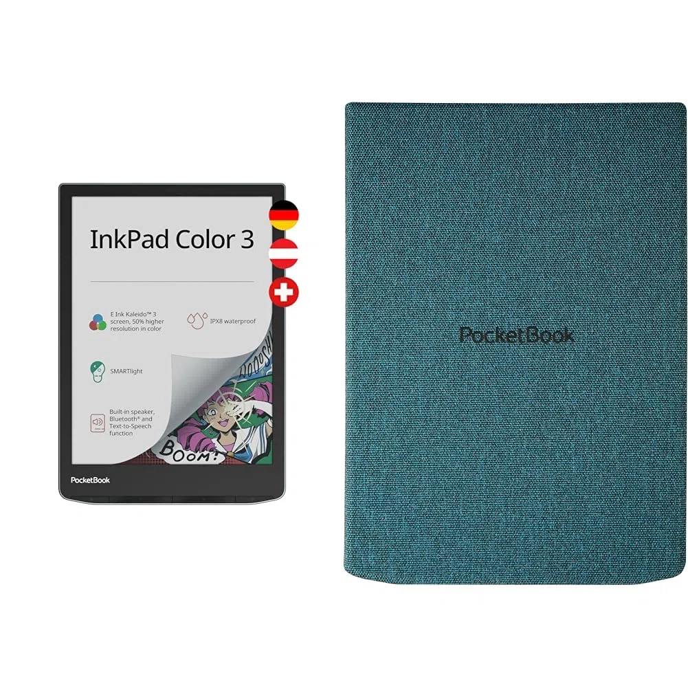 PocketBook e-Book Reader 'InkPad Color 3' (deutsche Version) 32 GB Speicher, IPX8, Bluetooth, Lautspecher, 19,81 cm (7,8 Zoll) E-Ink Kaleido 3 Farbdisplay - Stormy Sea & Cover Flip - Sea Green
