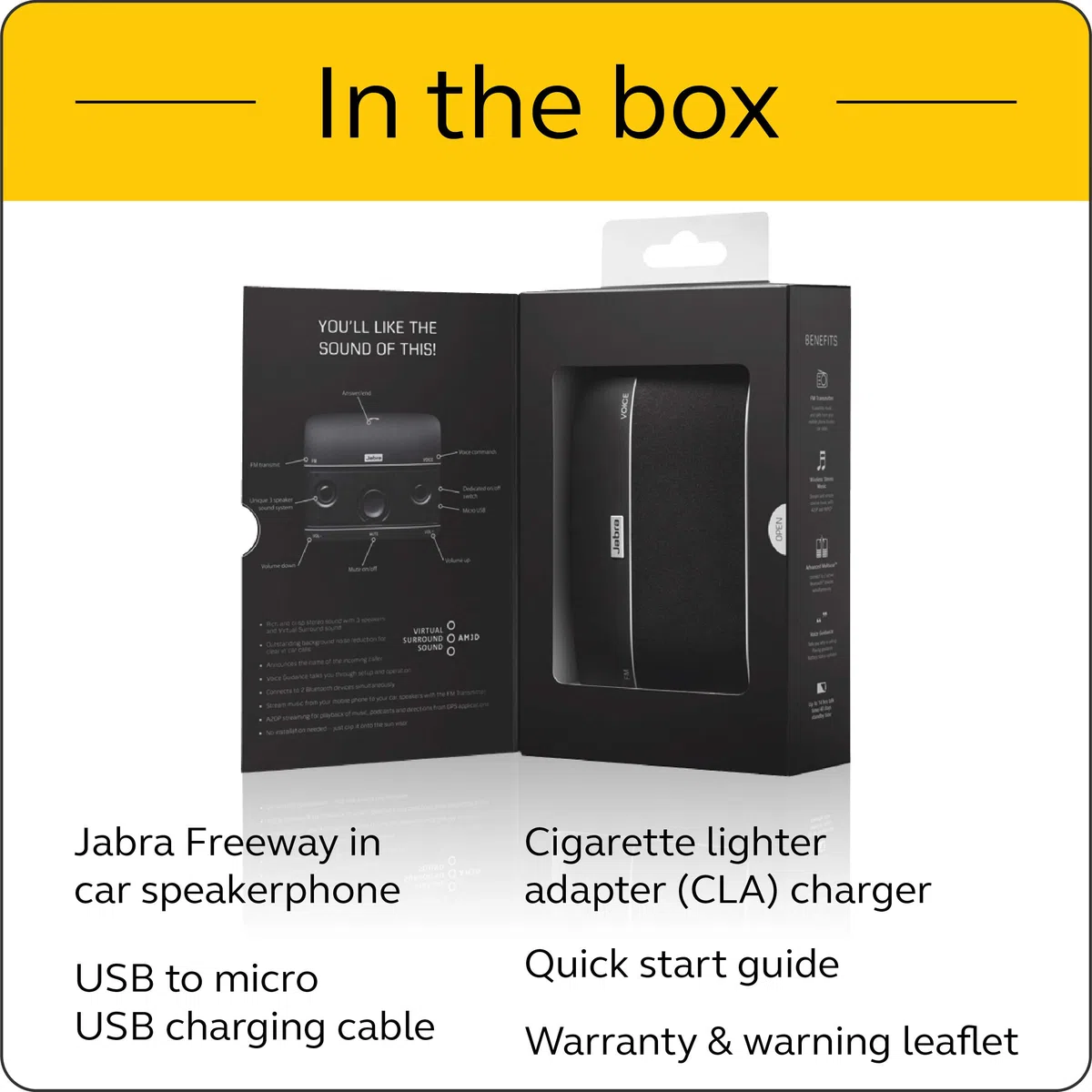 Jabra Freeway Bluetooth-Freisprecheinrichtung für Fahrzeuge – Geräuschunterdrückendes, sprachgesteuertes Mikrofon und Lautsprecher für Anrufe, Musik-Streaming und GPS – Schwarz