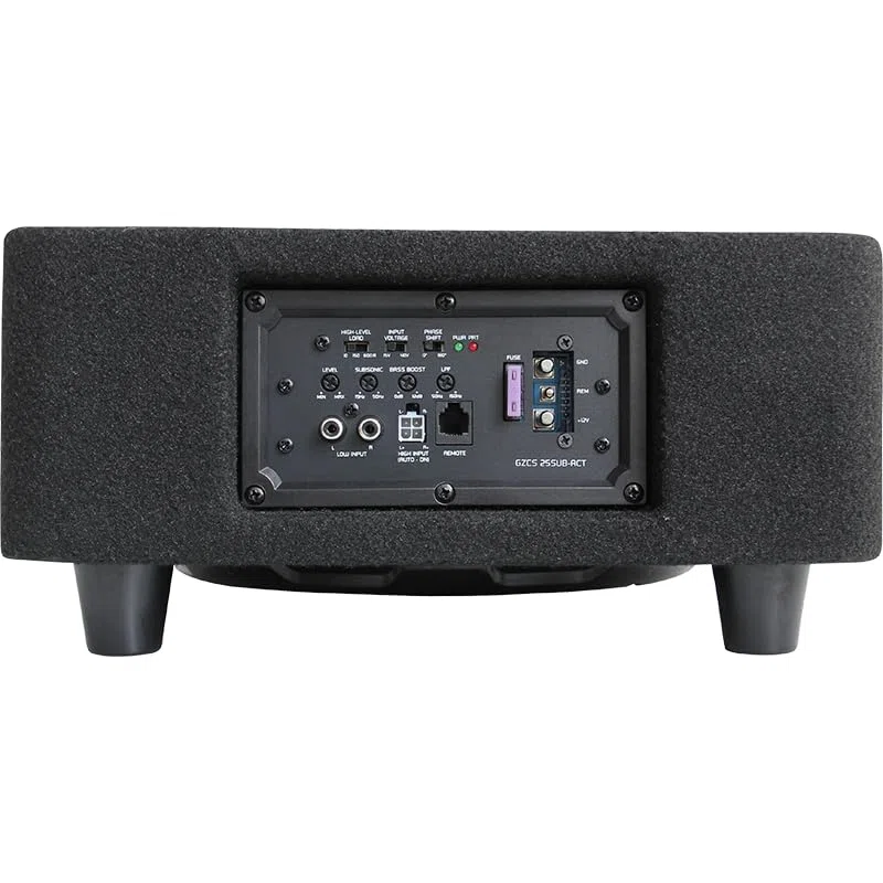 Ground Zero GZCS 25SUB-ACT Aktiv-Gehäusesubwoofer, 25 cm, 320/430 Watt, 50-150 Hz, 9-16 Volt, Downfire, Holz