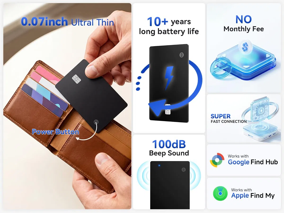 4 Pack Wallet Tracking Card für iOS und Andriod | Ultra Slim 0.07in, IP68 wasserdicht | Funktioniert mit iPhone & Google Samsung | für Brieftaschen, Schlüssel, Gepäck, Taschen