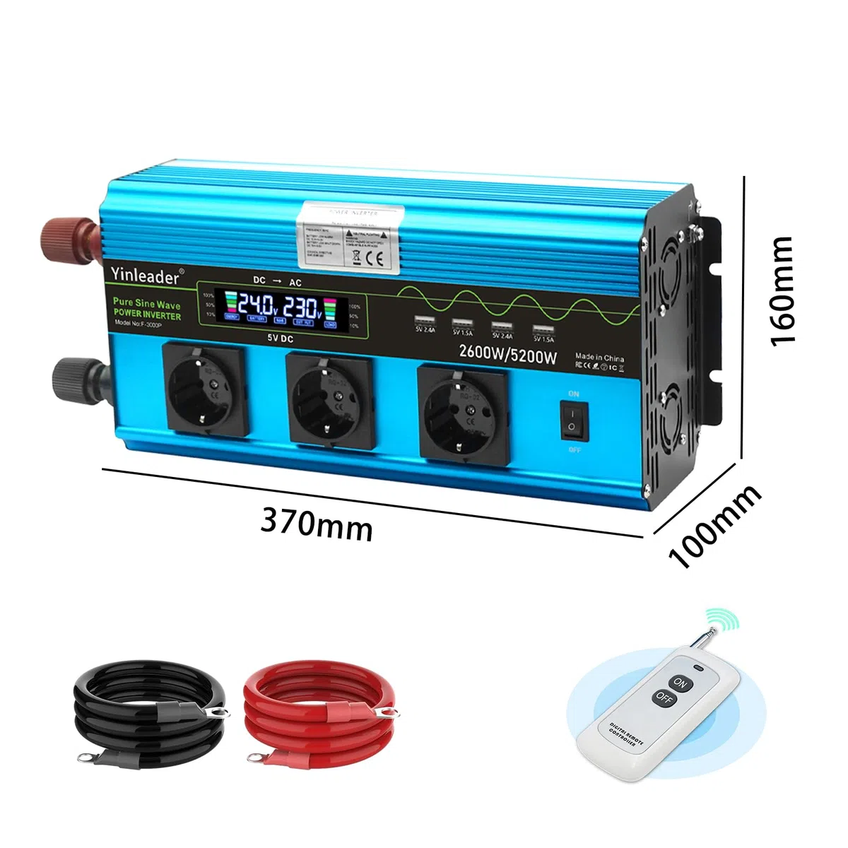 Yinleader 2600W /5200W Wechselrichter 24V auf 230V Reiner Sinus Spannungswandler mit LCD-Display, 3 Steckdosen & 4 USB, Heavy Duty Inverter für LKW, Boot