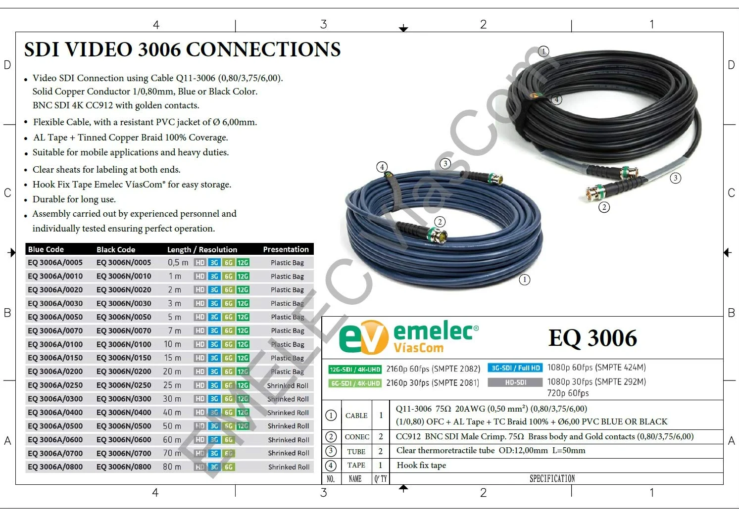 Emelec VíasCom EQ3006A/0300-30,0m Videoanschluss 4K-UHD 12G-SDI (0,80/3,75/6,00) mit BNC 4K-UHD - Unifilar Leiter - Blau - Flexible PVC