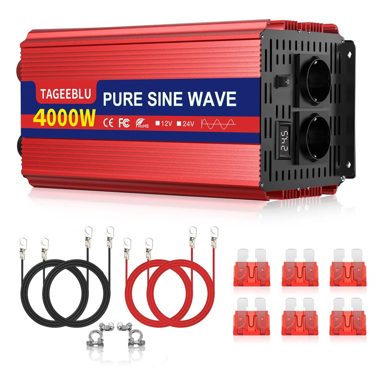 4000W 24V wechselrichter 24V auf 230V Reiner Sinus, spannungswandler 24v 230v, Wechselrichter für Fahrzeuge mit Alligatorclip, 2 EU Steckdose und LCD Bildschirm