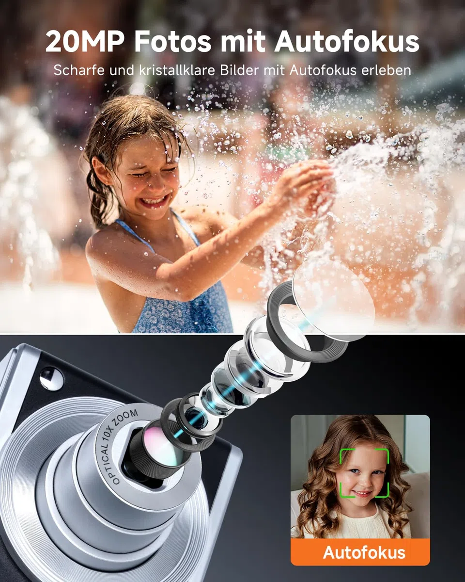 Rollei Compactline 10X Digitalkamera, 20MP FHD Kompaktkamera 10X Optischer Zoom & Selfie Display Tragbar Fotoapparat für Vlog unterwegs Reise Schwarz Silber, Digital-Kamera-Kompaktkamera-Fotoapparat